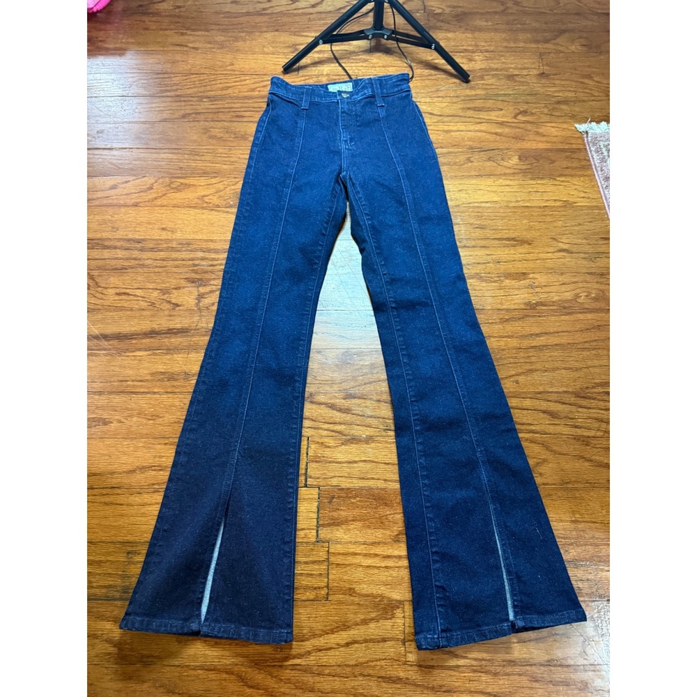 AG Adriano Goldschmied EmRata High Rise Flare Jeans Indigo Blue Front Slit 24